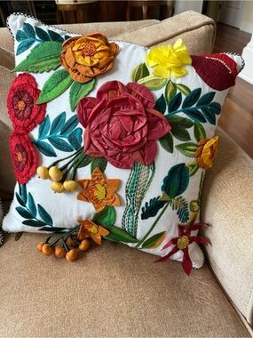 Mackenzie Childs Embroidered Floral Pillow w/3D Appliqué Red, Yellow, Green